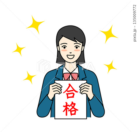 合格の文字を掲げて輝く笑顔を見せるブレザー姿の女子高生 135009772