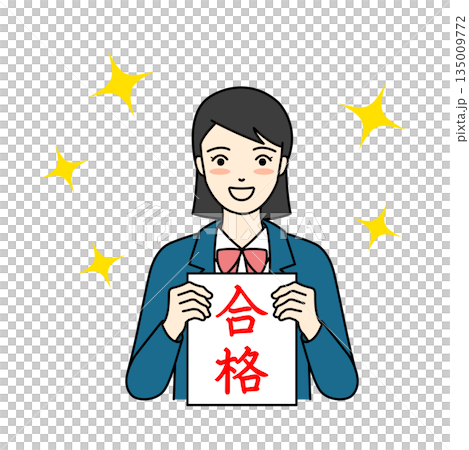 合格の文字を掲げて輝く笑顔を見せるブレザー姿の女子高生 135009772