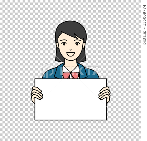 一位微笑的高中女生身穿西裝制服，手持白板，正在指導學生。 135009774