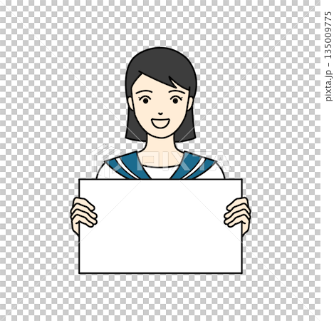 A high school girl in a sailor uniform holds a white panel in both hands and looks at the camera with a smile 135009775