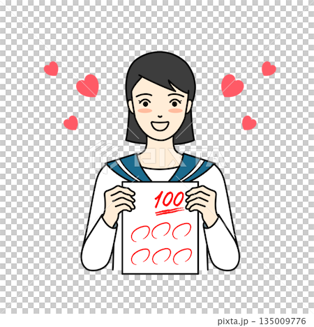 満点のテストを掲げ、幸せそうに笑うセーラー服の女子高生 135009776