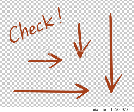 Set of two hand-drawn arrows, one pointing to the right and one pointing down. Check! With text. 135009789