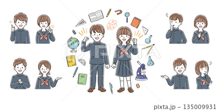 中高生の学生男女と文房具のイラストセット　表情・ポーズ違い 135009931