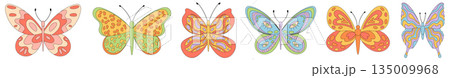 Groovy psychedelic retro butterfly seamless border forms a colorful pattern in spring style. Y2k motif and vibrant graphic add playful retro charm, perfect for modern decor and bright projects. 135009968