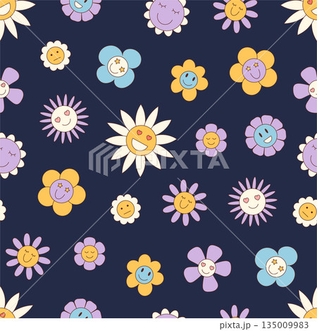 Groovy retro seamless cartoon floral pattern. Colorful daisy and smiley flower motif with happy vibes. Y2k background and fun pattern for joyful wallpaper spring design concepts. 135009983