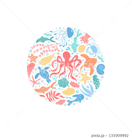 Flat underwater design in a colorful round style sticker. Marine life with fish, coral, and jellyfish in vibrant cartoon concept. Ocean animals circle shape, reflecting aquatic summer themes. Flat underwater design in a colorful round style sticker. Marine life with fish, coral, and jellyfish in vibrant cartoon concept. Ocean animals circle shape, reflecting aquatic summer themes. 135009992