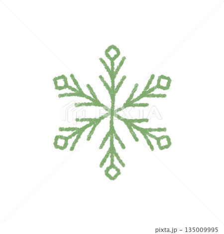 Green crayon snow flake symbol and ice crystal element. Winter holiday ornament with cold snow and xmas feel. Celebration snowflake for festive season in decorative style. Green crayon snow flake symbol and ice crystal element. Winter holiday ornament with cold snow and xmas feel. Celebration snowflake for festive season in decorative style. 135009995