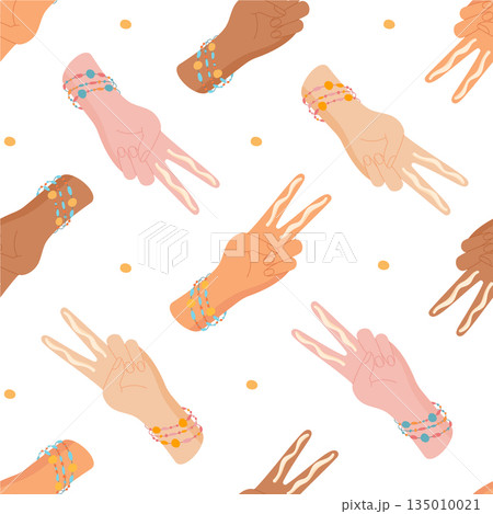 Flat seamless pattern shows two finger rule hand shape with woman skin, sunscreen and spf. Sunblock, cream, lotion, all for sun and skin protection. Perfect for summer cosmetic theme body care 135010021