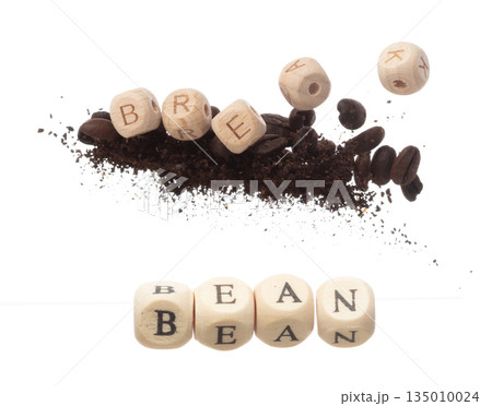 Rich aroma freshly roasted coffee beans fly in air as dance alongside alphabet letter blocks toy beads "BREAK", embodying essence of the coffee seed powder. White background isolated explosion Rich aroma freshly roasted coffee beans fly in air as dance alongside alphabet letter blocks toy beads "BREAK", embodying essence of the coffee seed powder. White background isolated explosion 135010024