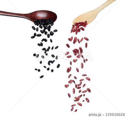Black red Bean fall, black grain beans explode abstract cloud fly from wooden spoon. Beautiful complete seed pea bean, food object design. Selective focus freeze shot white background isolated 135010028