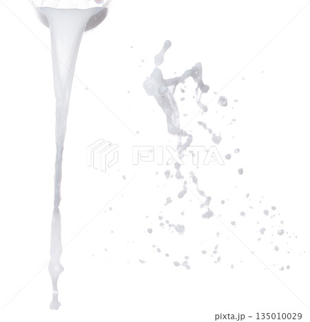 Milk yogurt white water droplet shape form fly splashing. Milk lotion pour float in mid air. Milk moisturizer explosion throw fluttering. White background isolated high speed shutter freeze motion 135010029