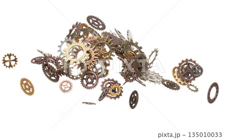 Cog wheel gear is spare part for industrial steel. Cogwheel gear head is innovation and brain teamwork. Many group gear wheel in difference color size fly in air. White background isolated Cog wheel gear is spare part for industrial steel. Cogwheel gear head is innovation and brain teamwork. Many group gear wheel in difference color size fly in air. White background isolated 135010033