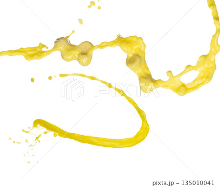 Banana juice flying fall down, yellow banana chopped slice juice wave explode. Yellow paint color splash throwing in Air. White background Isolated high speed shutter, throwing freeze stop motion Banana juice flying fall down, yellow banana chopped slice juice wave explode. Yellow paint color splash throwing in Air. White background Isolated high speed shutter, throwing freeze stop motion 135010041