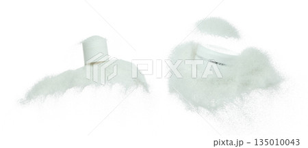 Cosmetic container white bottle fly splashing on white sand. Tube transparent sand powder in mid air. Moisturizer lotion cream bottle explosion flying. White background isolated high speed shutter 135010043