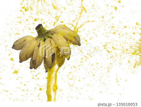 Banana flying explosion with fruit juice, Yellow Banana fresh vitamin water full complete size float in mid air. White background Isolated high speed shutter, throwing freeze stop 135010053