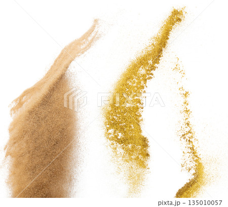 Sand flying explosion, Golden sand wave explode. Abstract sands cloud fly. Yellow colored sand splash throwing in Air. White background Isolated selective focus, throwing motion Blur Sand flying explosion, Golden sand wave explode. Abstract sands cloud fly. Yellow colored sand splash throwing in Air. White background Isolated selective focus, throwing motion Blur 135010057