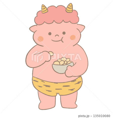 豆を食べるかわいい鬼のイラスト｜節分・日本の行事素材 135010080
