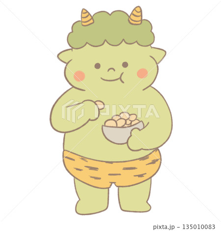 豆を食べるかわいい鬼のイラスト｜節分・日本の行事素材 135010083