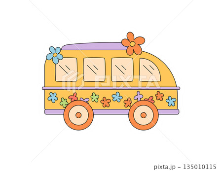 Groovy hippie flower van sticker in retro cartoon doodle style with orange and yellow color. Funky y2k van as playful groovy element, perfect for a fun vintage boho badge or label. 135010115