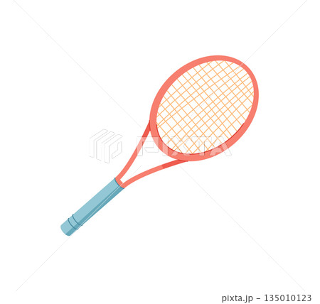 Cartoon tennis racket sticker in a sporty style. Vibrant equipment for tennis enthusiasts and athletes. Perfect for fitness and workout themes, court activities, or tournament designs with a playful, 135010123