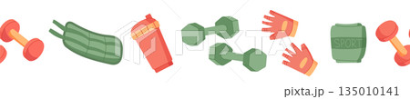 Colorful seamless border with fitness equipment and gym accessories pattern. Includes dumbbells, gloves, bottles, and more. Perfect frame for workout posters, exercise banners, or training decor. Colorful seamless border with fitness equipment and gym accessories pattern. Includes dumbbells, gloves, bottles, and more. Perfect frame for workout posters, exercise banners, or training decor. 135010141