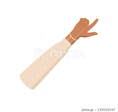 Cartoon hand gesture showing number two in flat style. Fingers form a count of 2, with palm and arm in focus, clothed a light sleeve. Minimal concept for teaching or counting visuals. Cartoon hand gesture showing number two in flat style. Fingers form a count of 2, with palm and arm in focus, clothed a light sleeve. Minimal concept for teaching or counting visuals. 135010147