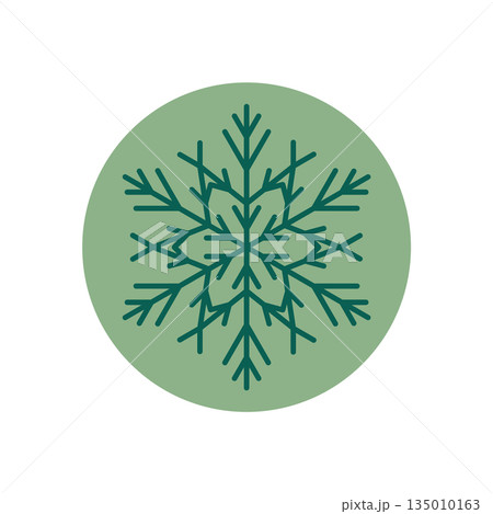 Round sticker snowflake ornament icon with a green line style. Christmas decoration as xmas holiday label for winter box or gift, snow flake ornament in festive theme. Round sticker snowflake ornament icon with a green line style. Christmas decoration as xmas holiday label for winter box or gift, snow flake ornament in festive theme. 135010163