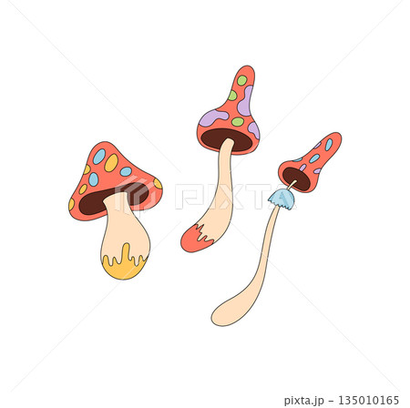 Groovy psychedelic mushroom cartoon sticker in a retro and colorful fantasy style. Magic groovy element and trippy shroom add y2k flair. Funky design suits creative playful sticker use. 135010165
