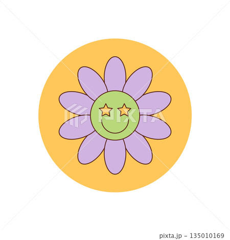 Groovy retro flower with smile and happy face forms yellow circle label sticker. Playful seal for package lid with a fun y2k style. Positive accent for modern box product or creative package. 135010169