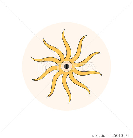 Groovy retro sunburst sticker label with yellow ray in a bold circle. Abstract lid seal brings y2k energy, ideal package accent and sun theme for fun design. 135010172
