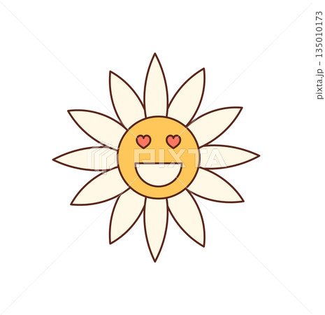 Groovy flower with happy face and heart eyes in retro cartoon graphic style. Yellow sunshine and smile add y2k charm as a cheerful icon. Positive groovy element cute symbol for playful visual 135010173