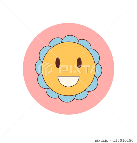 Groovy cartoon flower sticker seal patch appears as a happy yellow and pink circle label. Retro flower smile patch as y2k package lid accent. Fun sticker applies playful label. 135010186