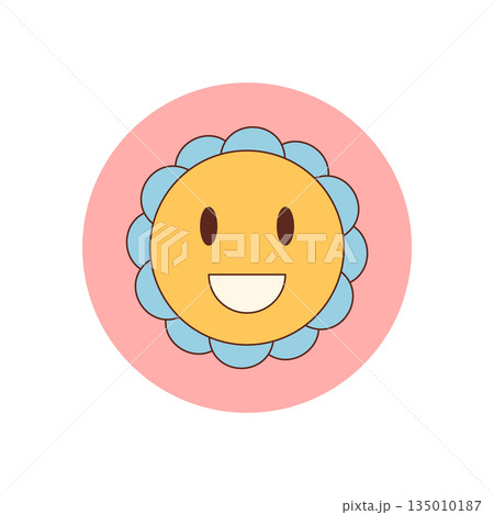 Groovy retro smiley flower sticker badge in cartoon graphic style with yellow and pink color. Happy and cute seal for package or box, this playful badge adds y2k groovy element charm. 135010187
