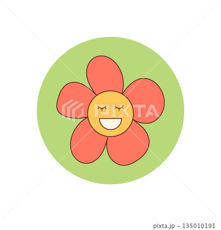 Groovy retro happy flower sticker label in a cute flat circle with a big smile and sunshine expression. Fun y2k seal, perfect as lid or package accent for modern summer design. 135010191