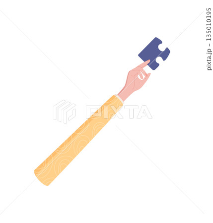 Flat colorful hand holding a puzzle piece. Raised human gesture illustrated with an abstract shape and creative symbol. Conceptual metaphor for contribution and unity presented on a clean background. 135010195