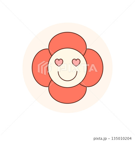 Retro groovy flower face in cartoon graphic style with heart smile and circle lid sticker. Cute and happy sticker, y2k love accent, playful emblem with soft pink cream color for packaging or label. 135010204