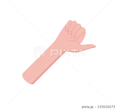 Flat hand gesture with bare palm showing number one sticker. Raised finger sign for counting and math concepts. Minimal cartoon graphic style, educational element, isolated icon. 135010273