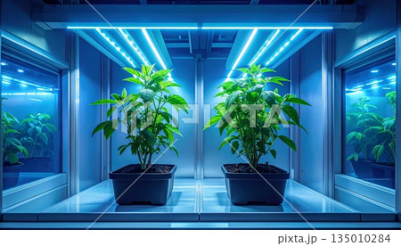 A vibrant green indoor plant in a blue ceramic pot sits on a window sill, bringing a touch of nature and spring decoration to the home interior A vibrant green indoor plant in a blue ceramic pot sits on a window sill, bringing a touch of nature and spring decoration to the home interior 135010284
