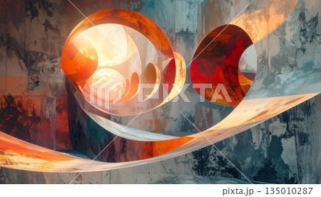 An abstract colorful fire background features a glowing orange fractal pattern with flowing energy waves and futuristic flame design lines in a vibrant artistic backdrop 135010287
