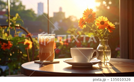 Easter still life with chocolate eggs and flowers on a breakfast table featuring a tea cup and sweet cake dessert Easter still life with chocolate eggs and flowers on a breakfast table featuring a tea cup and sweet cake dessert 135010326