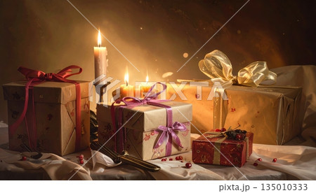 A red Christmas gift box with a silk ribbon bow sits beside burning wax candles to create a warm holiday candlelight celebration during the December season A red Christmas gift box with a silk ribbon bow sits beside burning wax candles to create a warm holiday candlelight celebration during the December season 135010333