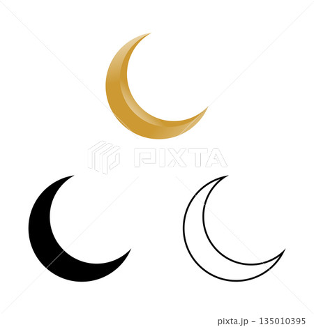 Crescent moon icon on white background. Crescent moon in gold color, black, and line style Crescent moon icon on white background. Crescent moon in gold color, black, and line style 135010395