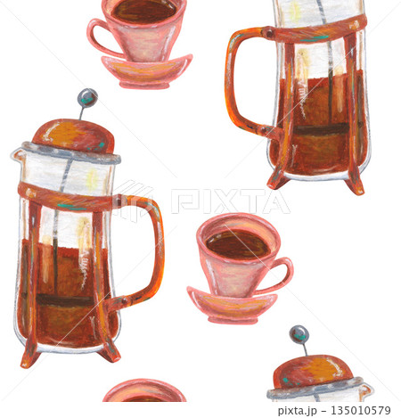 French press and cup of tea or coffee. Oil pastel drawn seamless pattern. For interior designs, retro vintage settings, restaurant cafe menu stickers, greeting cards and banners clip arts. 135010579