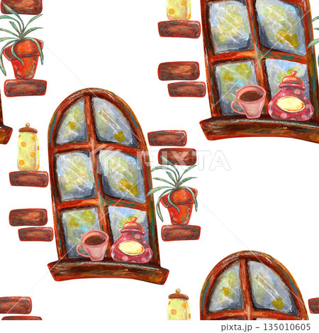 French window bricks, cup and sugar jar. Oil pastel drawn seamless pattern For interior designs, retro vintage settings, restaurant cafe menu decorated, stickers, greeting cards and banners clip arts. French window bricks, cup and sugar jar. Oil pastel drawn seamless pattern For interior designs, retro vintage settings, restaurant cafe menu decorated, stickers, greeting cards and banners clip arts. 135010605