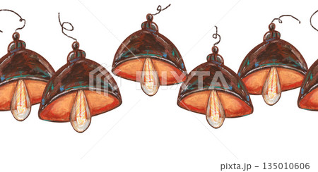 Old grunge electric bulb lamps. Oil pastel drawn seamless border. For interior designs, retro vintage settings, restaurant cafe menu decorated, stickers, greeting cards and banners clip arts. Old grunge electric bulb lamps. Oil pastel drawn seamless border. For interior designs, retro vintage settings, restaurant cafe menu decorated, stickers, greeting cards and banners clip arts. 135010606