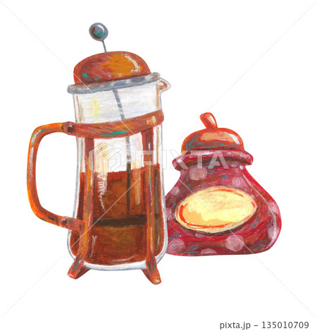 French press, sugar bowl with polka dots. Oil pastel drawn illustration. For interior designs, retro vintage settings, restaurant cafe menu decorated, stickers, greeting cards and banners clip arts. 135010709