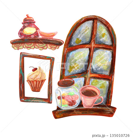 Wooden shelf frame window, cup glass jar. Oil pastel drawn illustration. For interior designs, retro vintage settings, restaurant cafe menu decorated, stickers, greeting cards and banners clip arts. Wooden shelf frame window, cup glass jar. Oil pastel drawn illustration. For interior designs, retro vintage settings, restaurant cafe menu decorated, stickers, greeting cards and banners clip arts. 135010726