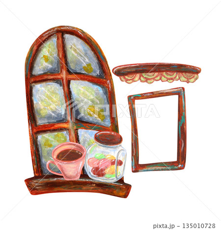 Shelf frame, French window, cup glass jar. Oil pastel drawn illustration. For interior designs, retro vintage settings, restaurant cafe menu decorated, stickers, greeting cards and banners clip arts. Shelf frame, French window, cup glass jar. Oil pastel drawn illustration. For interior designs, retro vintage settings, restaurant cafe menu decorated, stickers, greeting cards and banners clip arts. 135010728