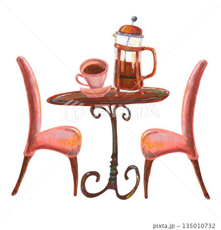 Wooden table chairs, French press cup. Oil pastel drawn illustration. For interior designs, retro vintage settings, restaurant cafe menu decorated, stickers, greeting cards and banners clip arts. Wooden table chairs, French press cup. Oil pastel drawn illustration. For interior designs, retro vintage settings, restaurant cafe menu decorated, stickers, greeting cards and banners clip arts. 135010732