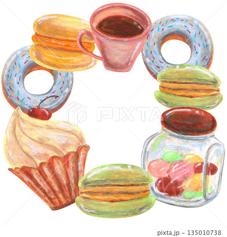 Cupcake donuts and macaroons, tea cup. Oil pastel drawn wreath. For interior designs, retro vintage settings, restaurant cafe menu decorated, stickers, greeting cards and banners clip arts. 135010738